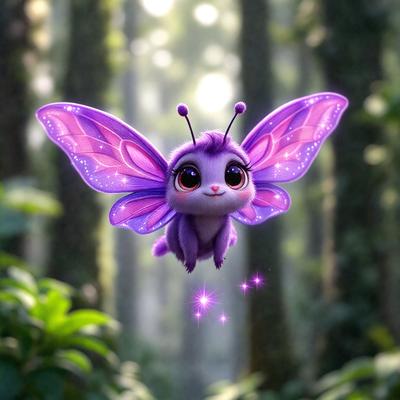 The primary subject of the image is a purple butterfly with a smiling face. The butterfly is flying in the air, surrounded by a forest setting. The visual style of the image is a digital art or illustration, with the butterfly being the main focus of the scene. The colors and mood of the image are vibrant and cheerful, with the purple butterfly being the central point of interest.